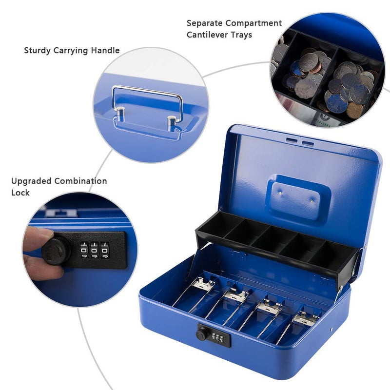 KYODOLED Metal Cash Box with Combination Lock & Spring-Loaded Bill Clips, 5-Compartment Cantilever Coin Tray, Portable Safe for Yard Sales/Craft Fairs/Small Businesses, 11.81â€x9.45â€x3.54â€, Blue - Image 2